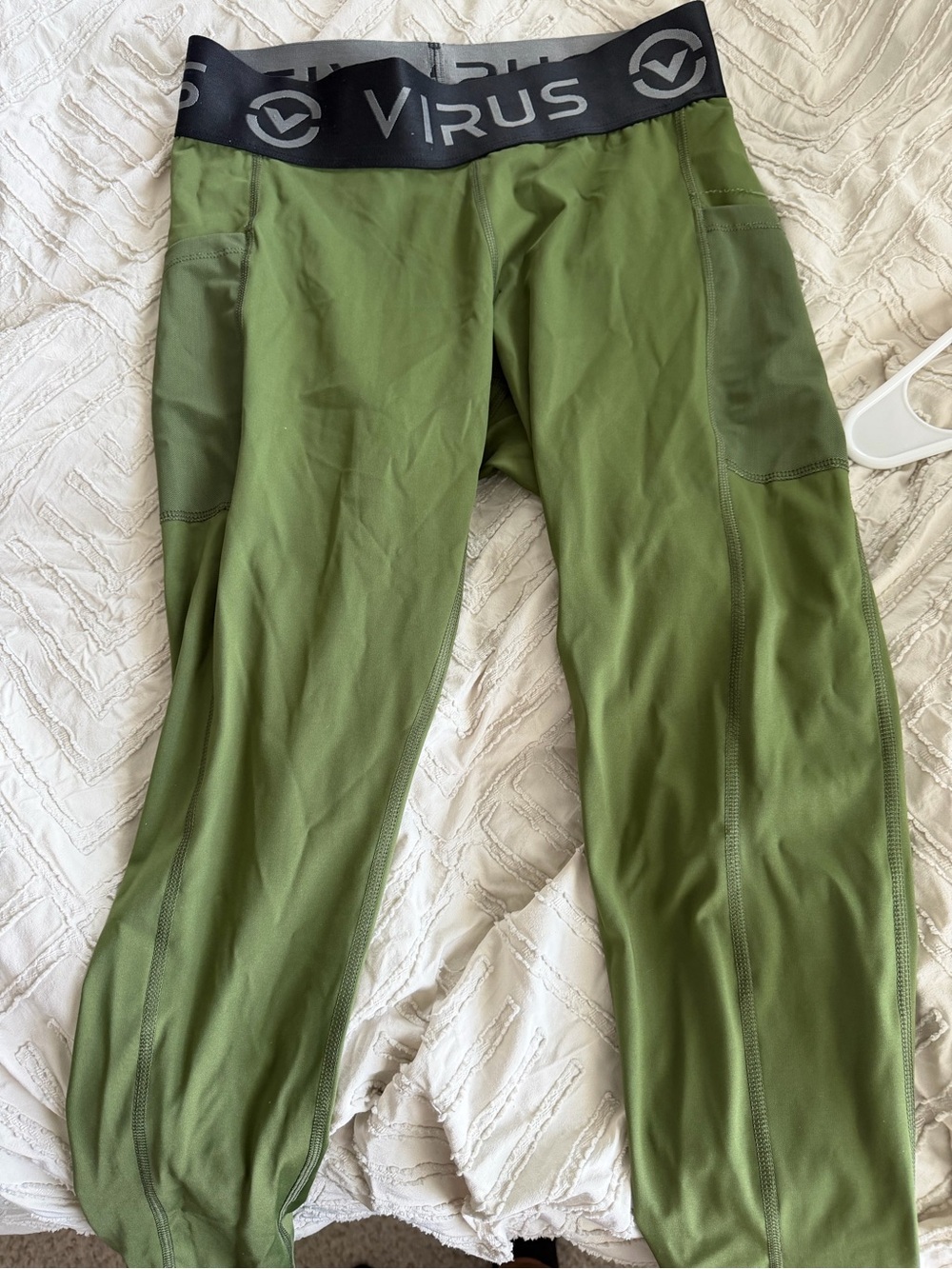 Virus Women Olive Green Performance Leggings with Black Branded Waistband